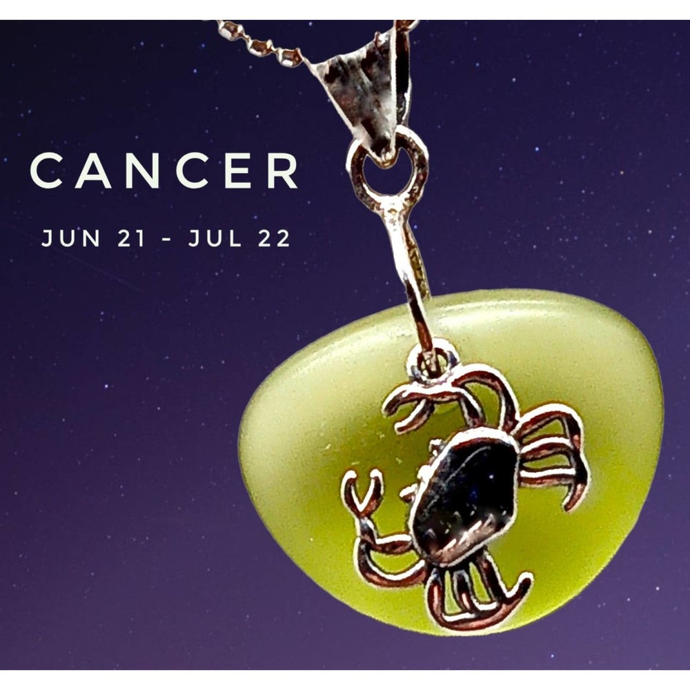 925 Sterling Silver Sea Glass Pendant Zodiac Cancer Crab Green Handmade Necklace